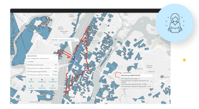 Map with areas highlighted in blue, route highlighted in red, and pop-up boxes with directional data