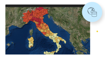 Map of Italy with regions marked in red, orange, and yellow, and surrounding blue ocean